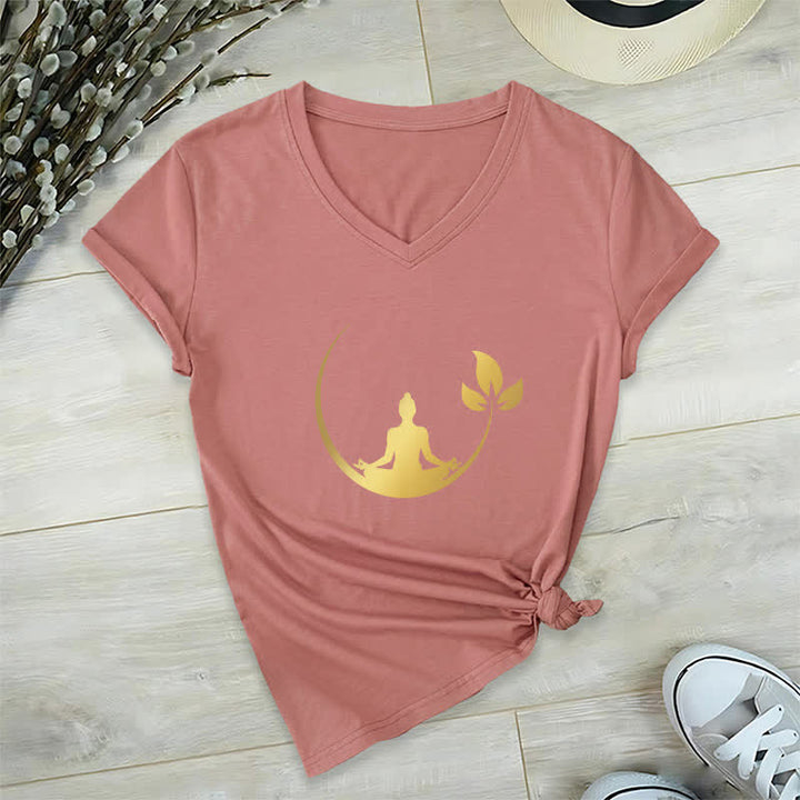 Olivenorma Yoga Lotus Buddha Meditation V-Neck T-Shirt - Pink - 2XL - image 18