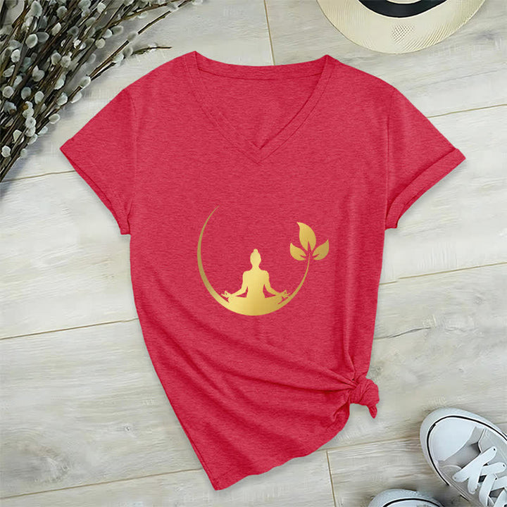 Olivenorma Yoga Lotus Buddha Meditation V-Neck T-Shirt - Red - 2XL - image 16