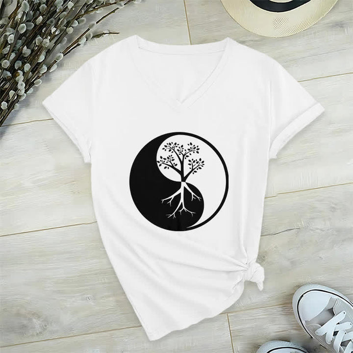 Olivenorma Yin Yang Tree Yoga Meditation V-Neck T-Shirt - White - 2XL - image 3
