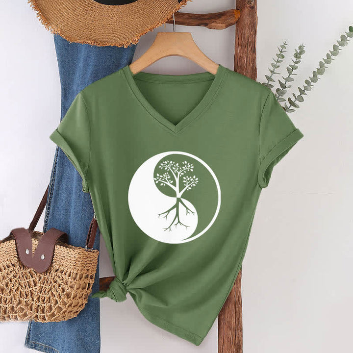 Olivenorma Yin Yang Tree Yoga Meditation V-Neck T-Shirt - image 10