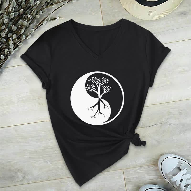 Olivenorma Yin Yang Tree Yoga Meditation V-Neck T-Shirt - Black - 2XL - image 11