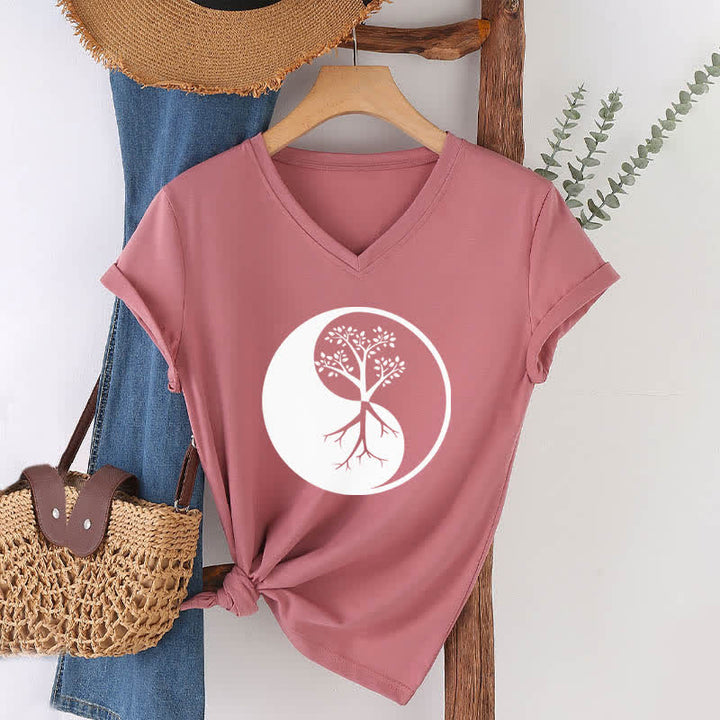 Olivenorma Yin Yang Tree Yoga Meditation V-Neck T-Shirt - image 18