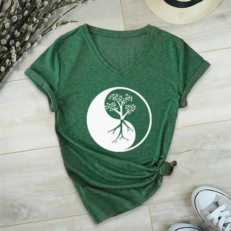 Olivenorma Yin Yang Tree Yoga Meditation V-Neck T-Shirt - Dark Green - 2XL - image 7