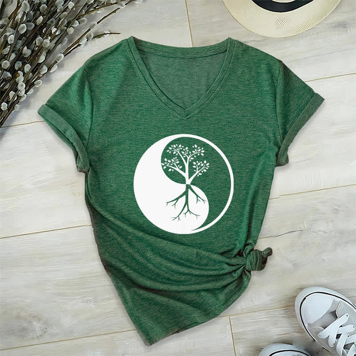 Olivenorma Yin Yang Tree Yoga Meditation V-Neck T-Shirt - Dark Green - 2XL - image 7