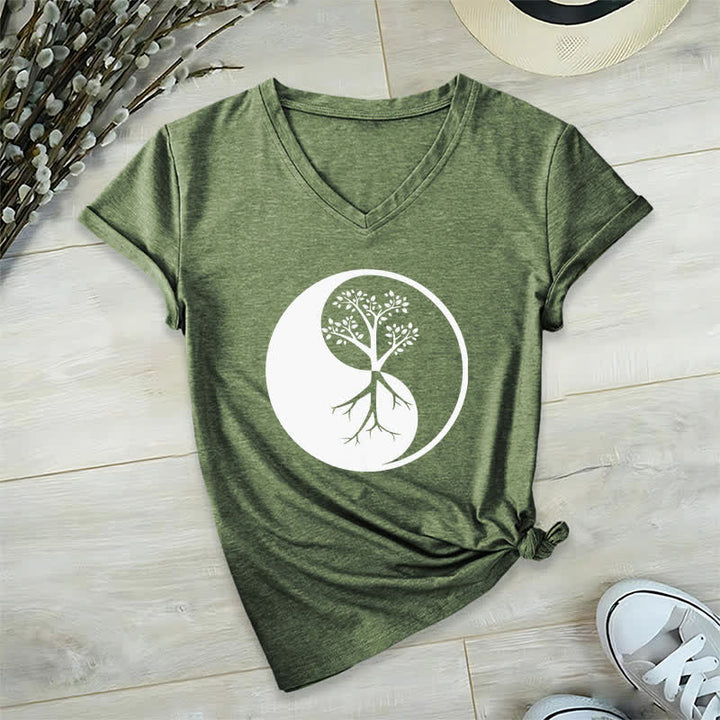Olivenorma Yin Yang Tree Yoga Meditation V-Neck T-Shirt - Olive Green - 2XL - image 9