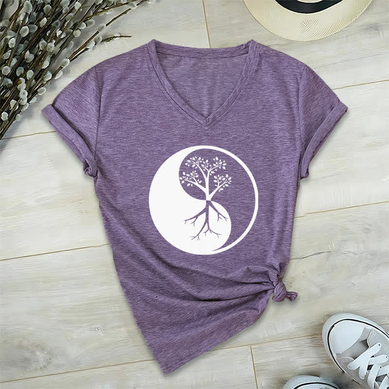 Olivenorma Yin Yang Tree Yoga Meditation V-Neck T-Shirt - Purple - 2XL - image 25