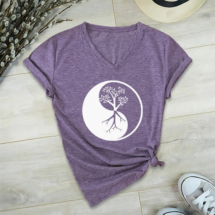 Olivenorma Yin Yang Tree Yoga Meditation V-Neck T-Shirt - Purple - 2XL - image 25