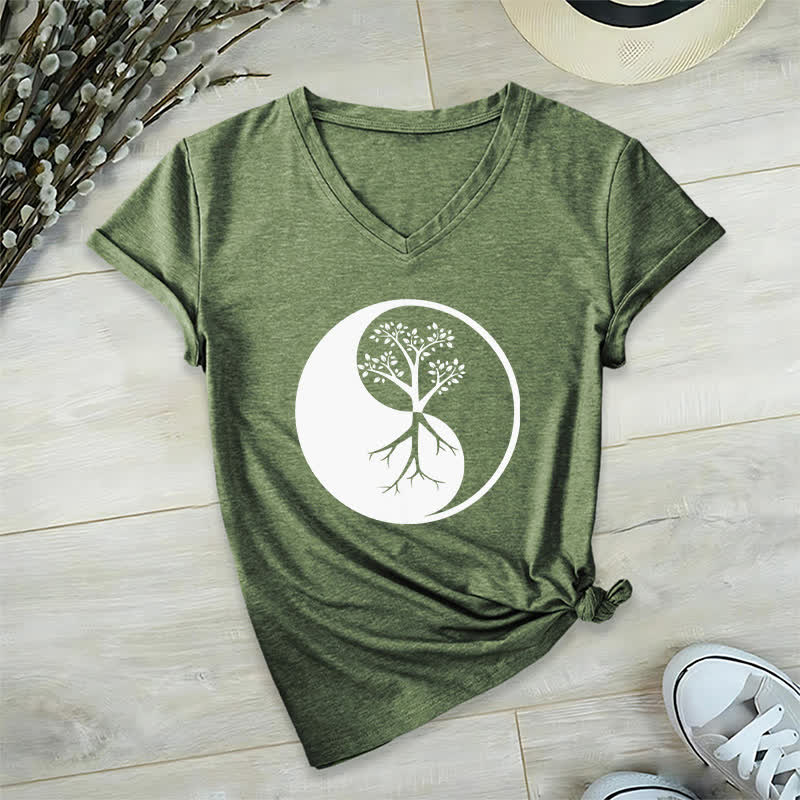 Olivenorma Yin Yang Tree Yoga Meditation V-Neck T-Shirt - Olive Green - 2XL - image 9