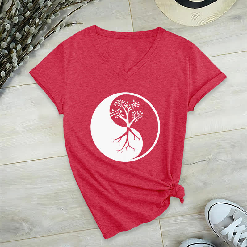 Olivenorma Yin Yang Tree Yoga Meditation V-Neck T-Shirt - Red - 2XL - image 13