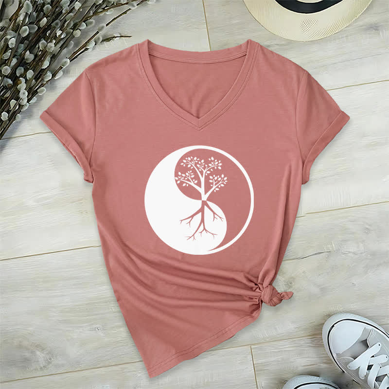Olivenorma Yin Yang Tree Yoga Meditation V-Neck T-Shirt - Pink - 2XL - image 17