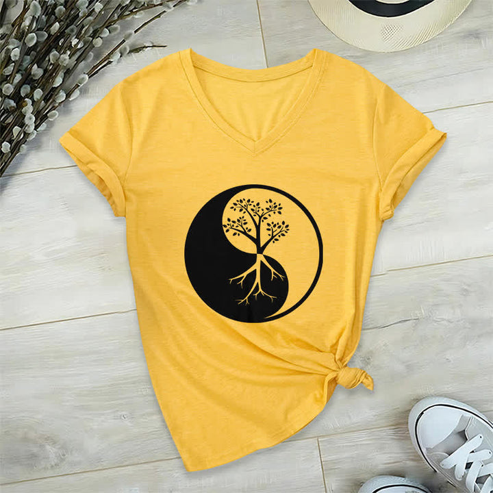 Olivenorma Yin Yang Tree Yoga Meditation V-Neck T-Shirt - Yellow - 2XL - image 15