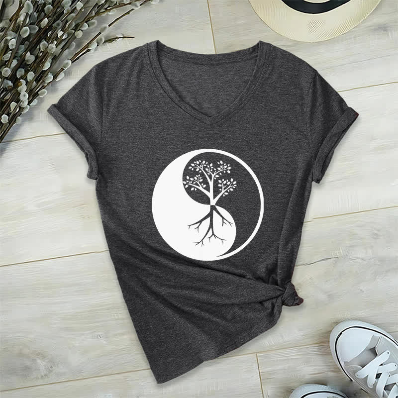 Olivenorma Yin Yang Tree Yoga Meditation V-Neck T-Shirt - Gray - 2XL - image 0