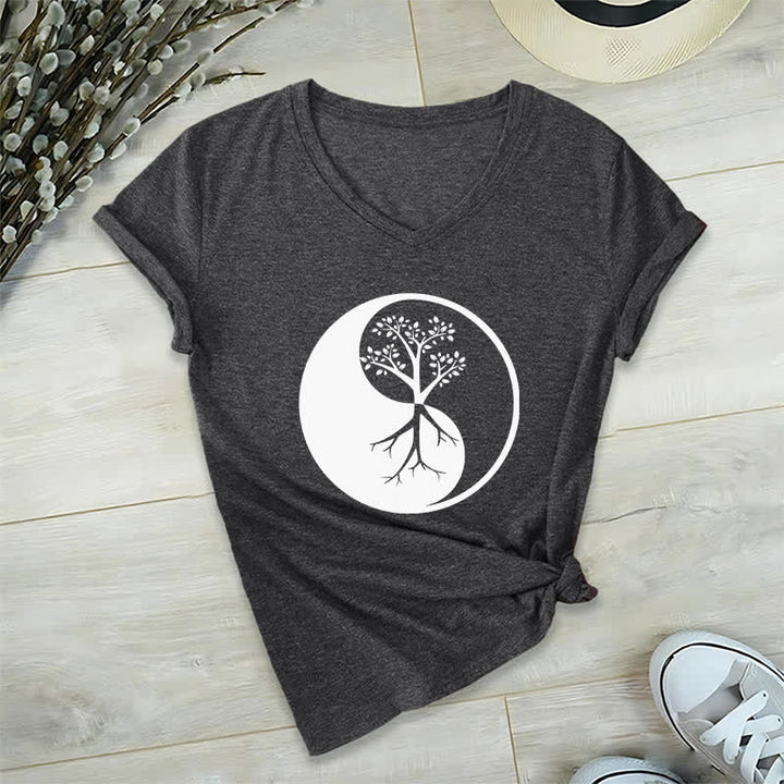 Olivenorma Yin Yang Tree Yoga Meditation V-Neck T-Shirt - Gray - 2XL - image 0