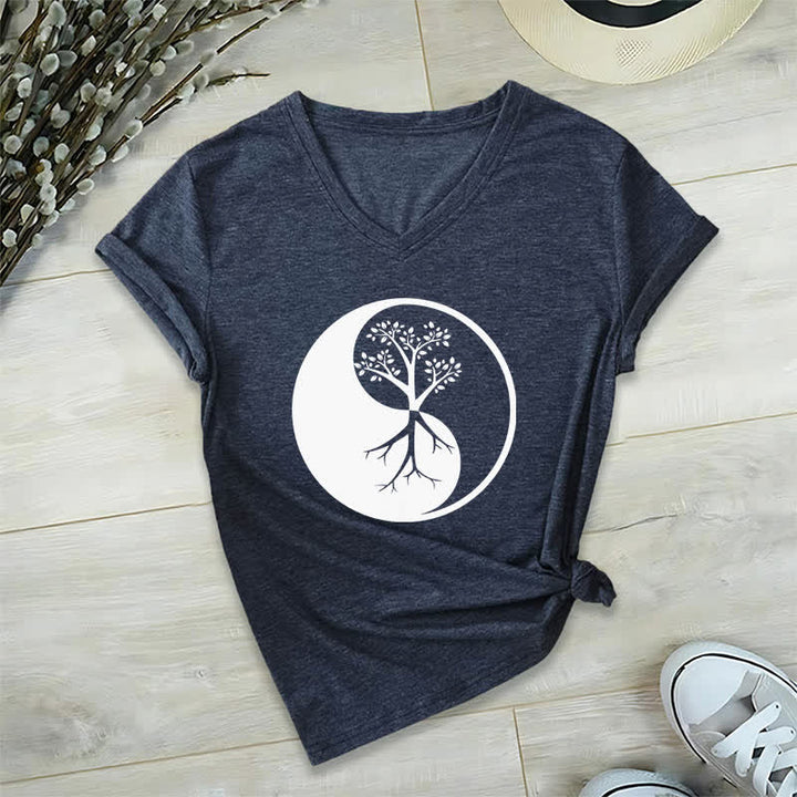 Olivenorma Yin Yang Tree Yoga Meditation V-Neck T-Shirt - Navy Blue - 2XL - image 5