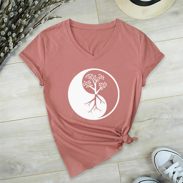 Olivenorma Yin Yang Tree Yoga Meditation V-Neck T-Shirt - Pink - 2XL - image 17