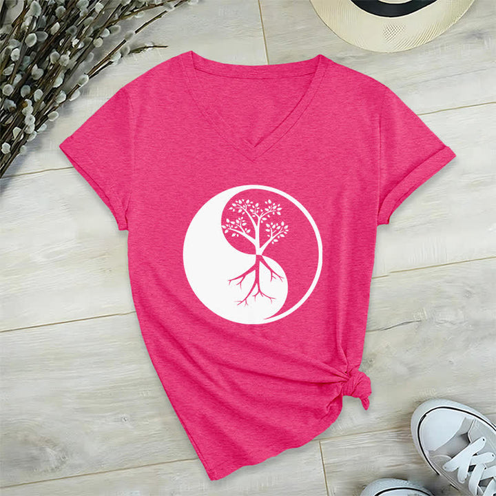 Olivenorma Yin Yang Tree Yoga Meditation V-Neck T-Shirt - Rose Red - 2XL - image 19