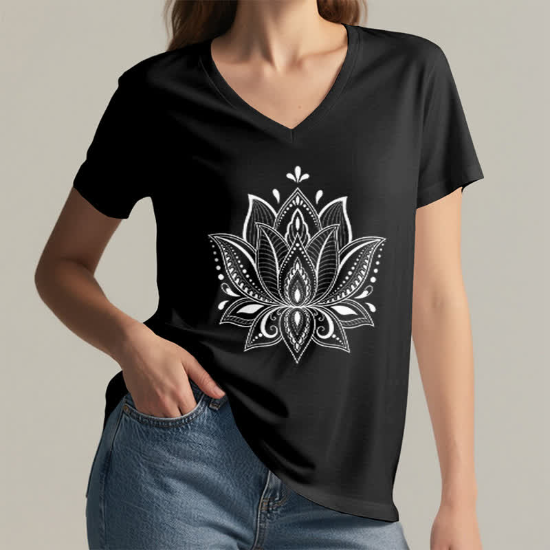 Olivenorma Mandala Lotus Flower V-Neck T-Shirt - image 14