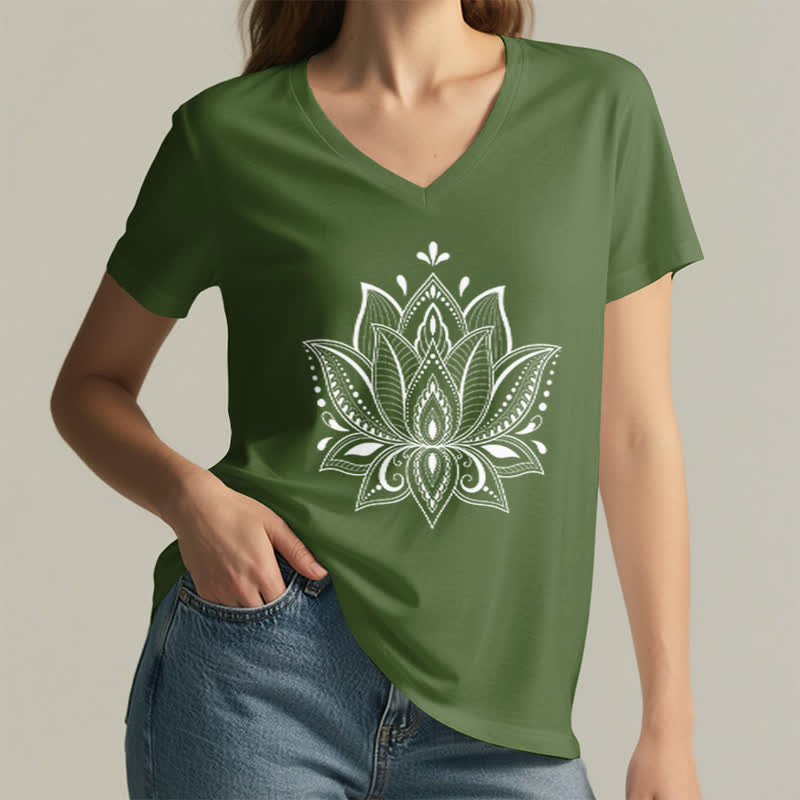Olivenorma Mandala Lotus Flower V-Neck T-Shirt - image 10