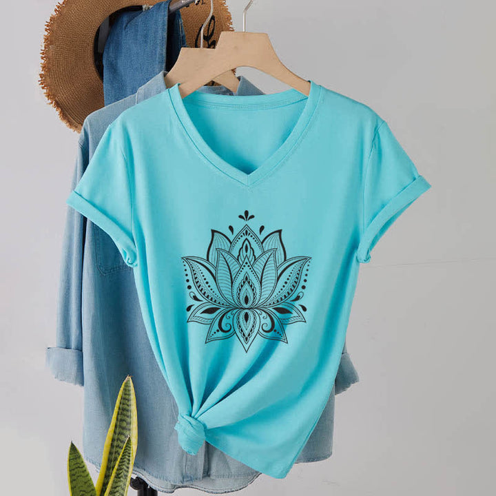 Olivenorma Mandala Lotus Flower V-Neck T-Shirt - Lake Blue - 2XL - image 23