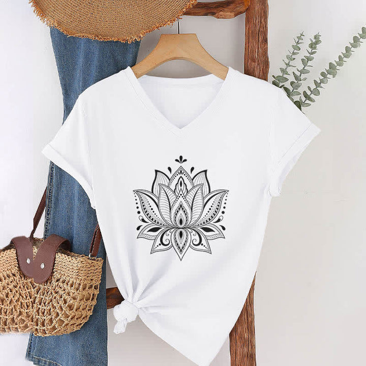 Olivenorma Mandala Lotus Flower V-Neck T-Shirt - White - 2XL - image 3