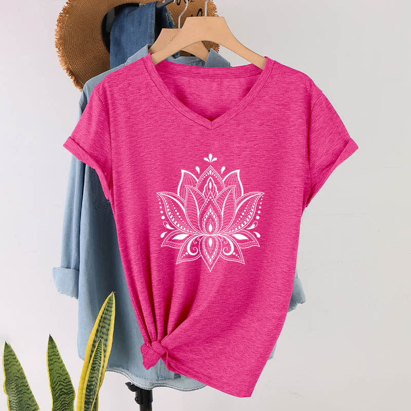 Olivenorma Mandala Lotus Flower V-Neck T-Shirt - Rose Red - 2XL - image 21