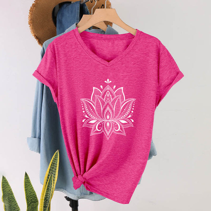 Olivenorma Mandala Lotus Flower V-Neck T-Shirt - Rose Red - 2XL - image 21
