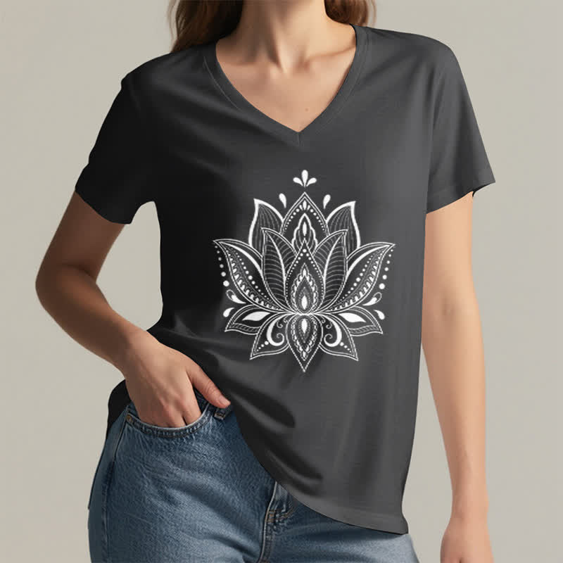 Olivenorma Mandala Lotus Flower V-Neck T-Shirt - image 12