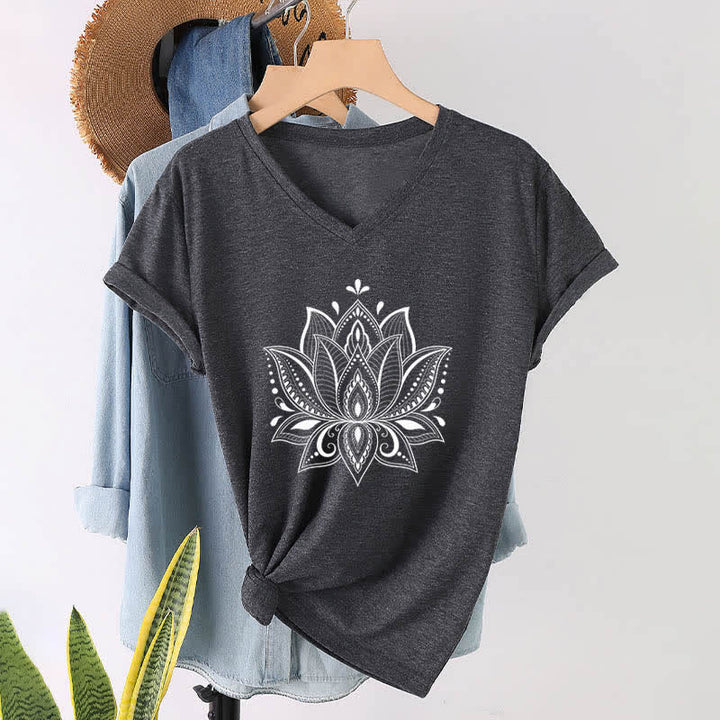 Olivenorma Mandala Lotus Flower V-Neck T-Shirt - Gray - 2XL - image 11