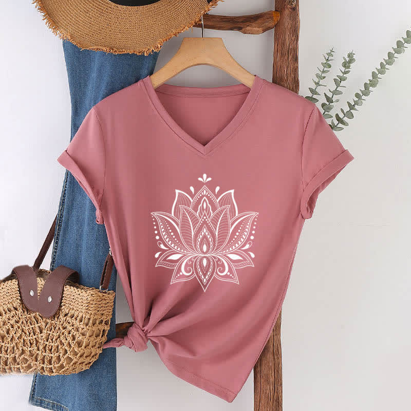 Olivenorma Mandala Lotus Flower V-Neck T-Shirt - Pink - 2XL - image 19
