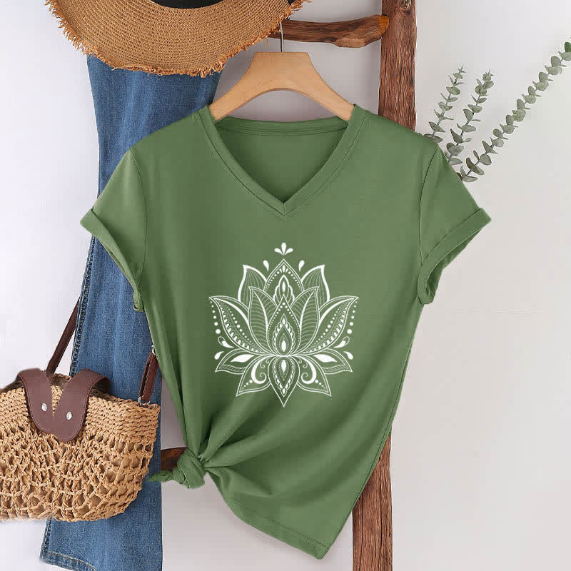Olivenorma Mandala Lotus Flower V-Neck T-Shirt - Olive Green - 2XL - image 9