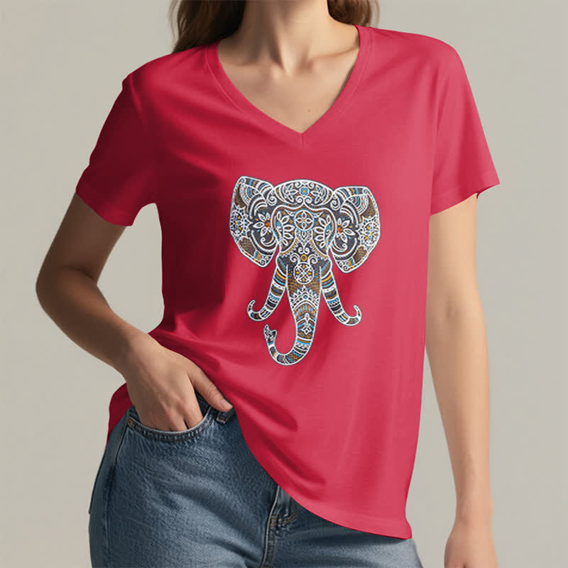 Olivenorma Women's Nature and Animal Elephant V-Neck T-Shirt - image 27