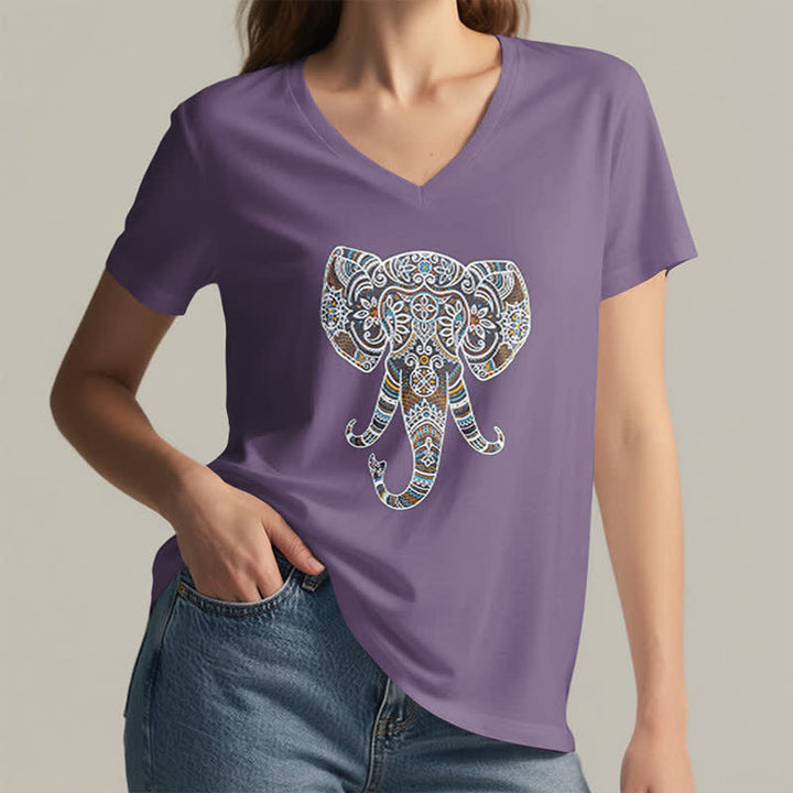 Olivenorma Women's Nature and Animal Elephant V-Neck T-Shirt - image 26