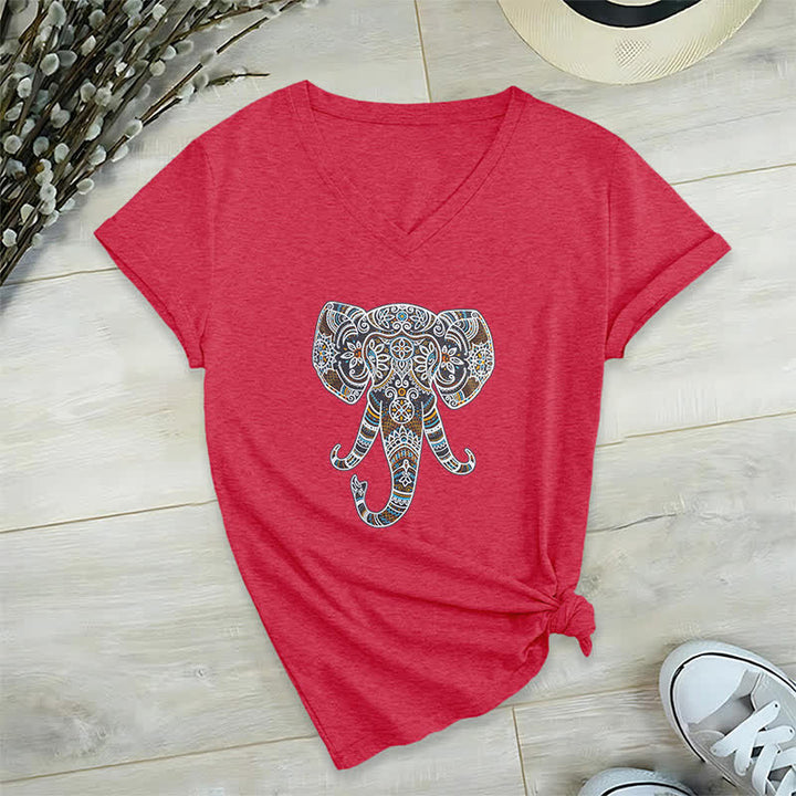 Olivenorma Women's Nature and Animal Elephant V-Neck T-Shirt - Red - 2XL - image 14