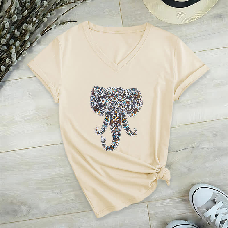 Olivenorma Women's Nature and Animal Elephant V-Neck T-Shirt - Khaki - 2XL - image 21