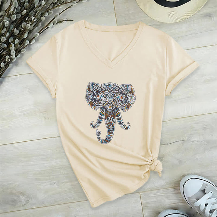 Olivenorma Women's Nature and Animal Elephant V-Neck T-Shirt - Khaki - 2XL - image 21