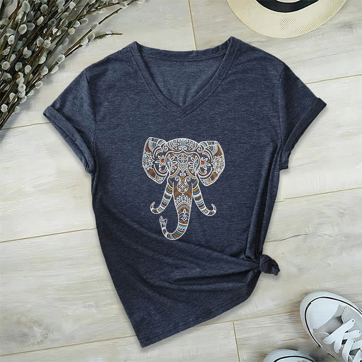 Olivenorma Women's Nature and Animal Elephant V-Neck T-Shirt - Navy Blue - 2XL - image 6