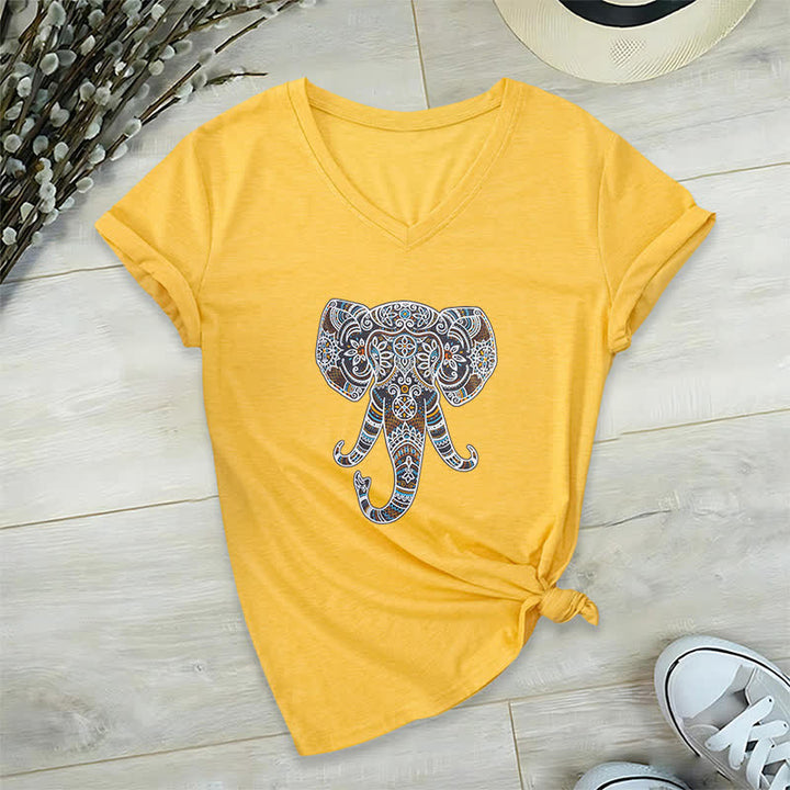Olivenorma Women's Nature and Animal Elephant V-Neck T-Shirt - Yellow - 2XL - image 15