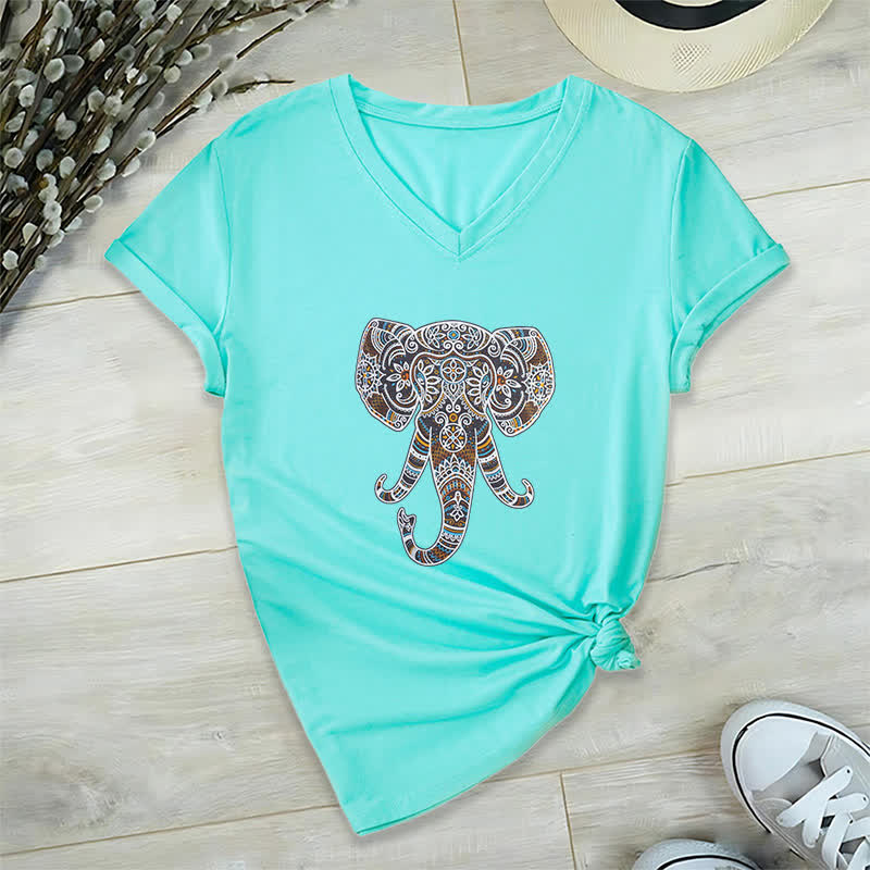 Olivenorma Women's Nature and Animal Elephant V-Neck T-Shirt - Lake Blue - 2XL - image 23