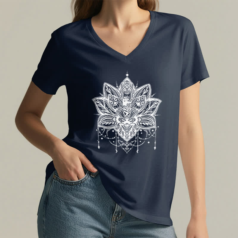 Olivenorma Lotus Printed V-Neck T-Shirt - image 5
