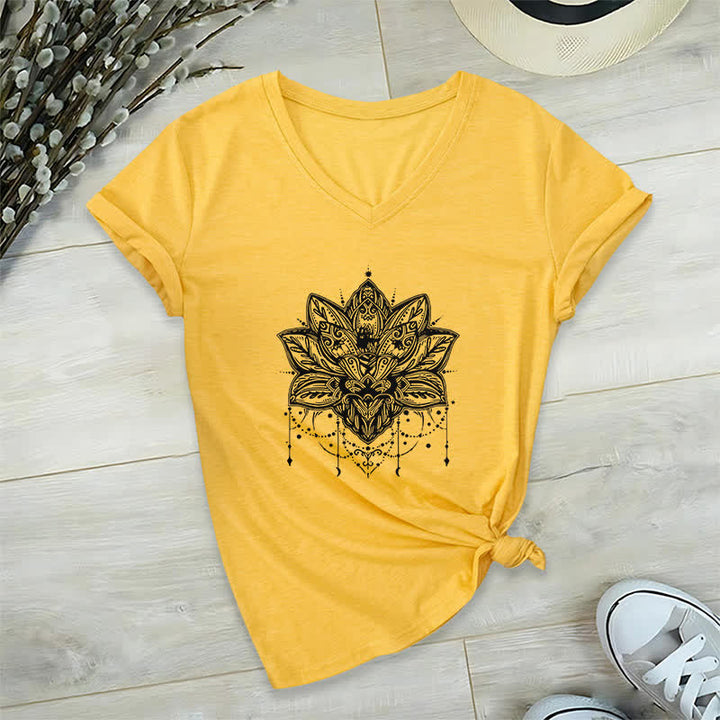Olivenorma Lotus Printed V-Neck T-Shirt - Yellow - 2XL - image 16