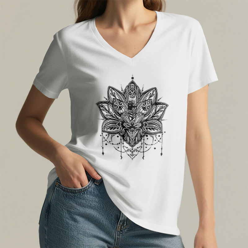 Olivenorma Lotus Printed V-Neck T-Shirt - image 3