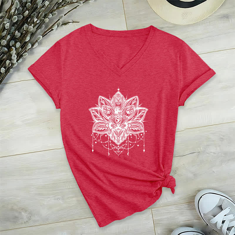 Olivenorma Lotus Printed V-Neck T-Shirt - Red - 2XL - image 14