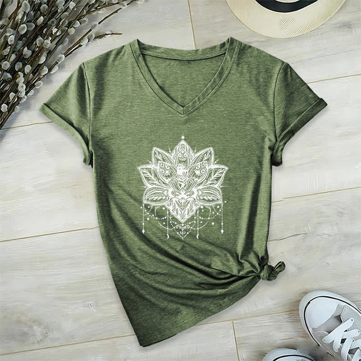 Olivenorma Lotus Printed V-Neck T-Shirt - Olive Green - 2XL - image 8