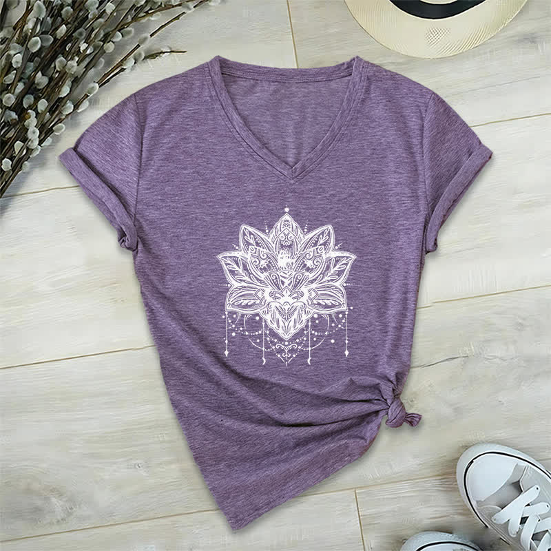 Olivenorma Lotus Printed V-Neck T-Shirt - Purple - 2XL - image 24