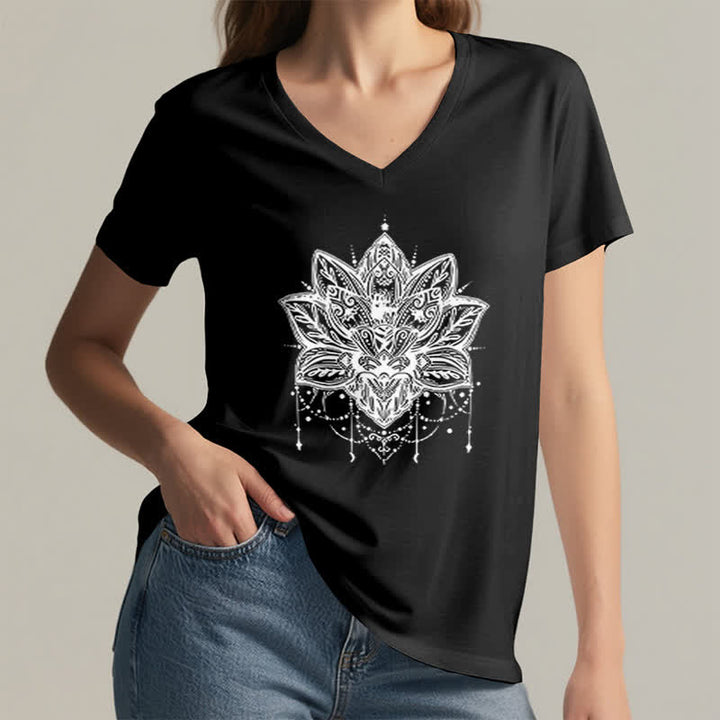 Olivenorma Lotus Printed V-Neck T-Shirt - image 13
