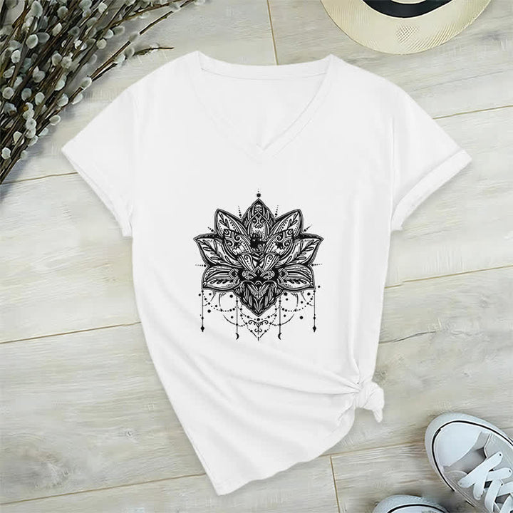 Olivenorma Lotus Printed V-Neck T-Shirt - White - 2XL - image 2