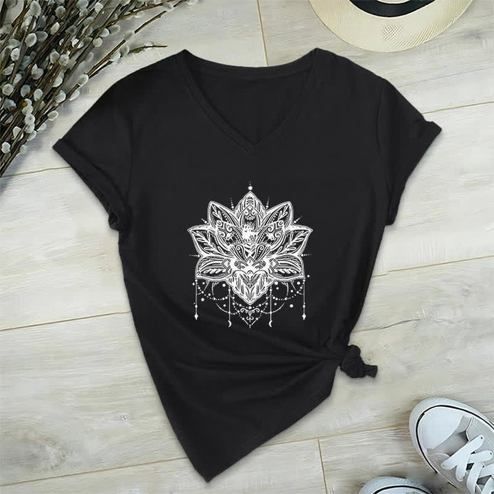 Olivenorma Lotus Printed V-Neck T-Shirt - Black - 2XL - image 12
