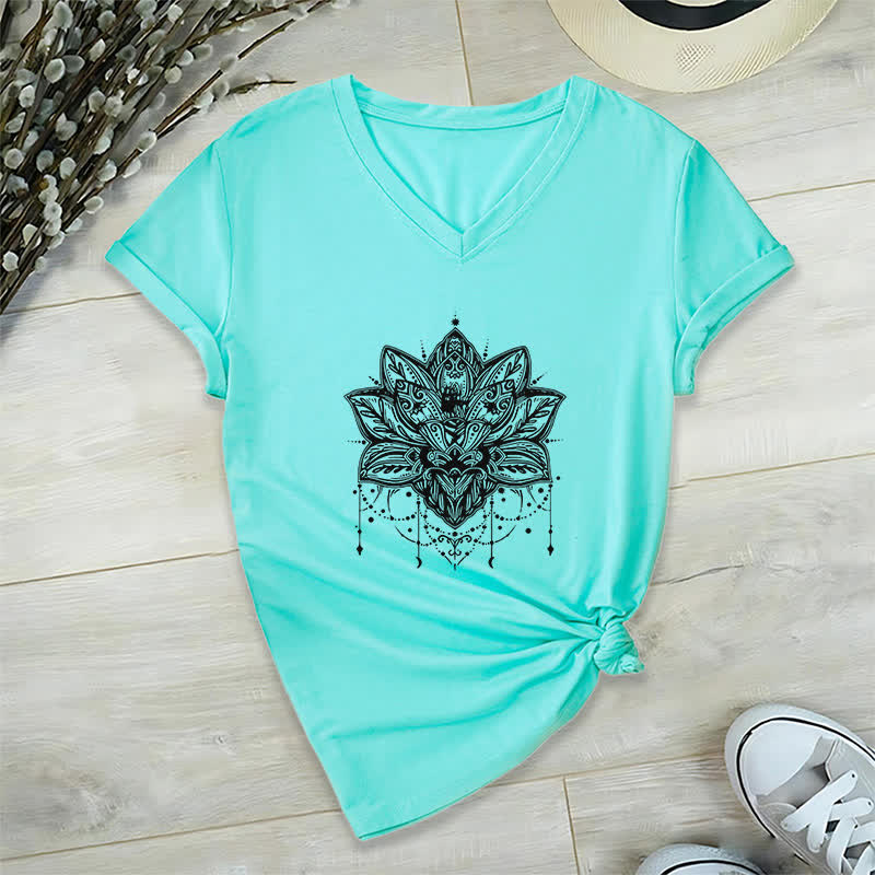 Olivenorma Lotus Printed V-Neck T-Shirt - Lake Blue - 2XL - image 22