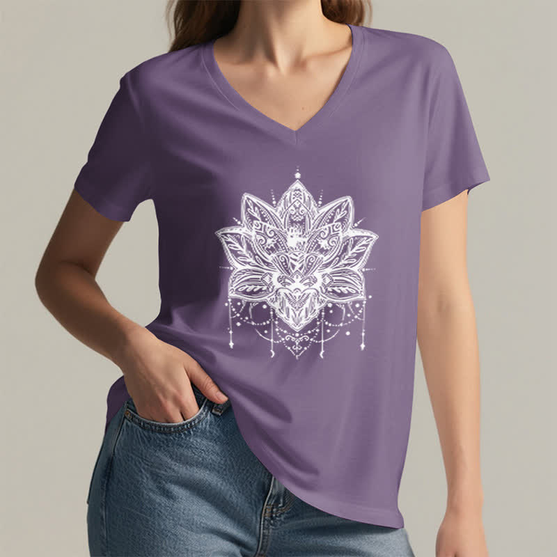 Olivenorma Lotus Printed V-Neck T-Shirt - image 25