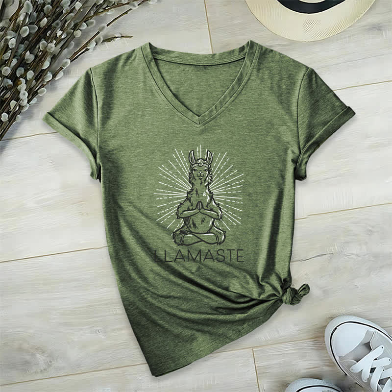 Olivenorma Funny Yoga Llama Namaste Workout V-Neck T-Shirt - Olive Green - 2XL - image 7